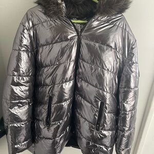 White Mark Women's Metallic Puffer Coat - Faux Fur Hooded Winter Jacket